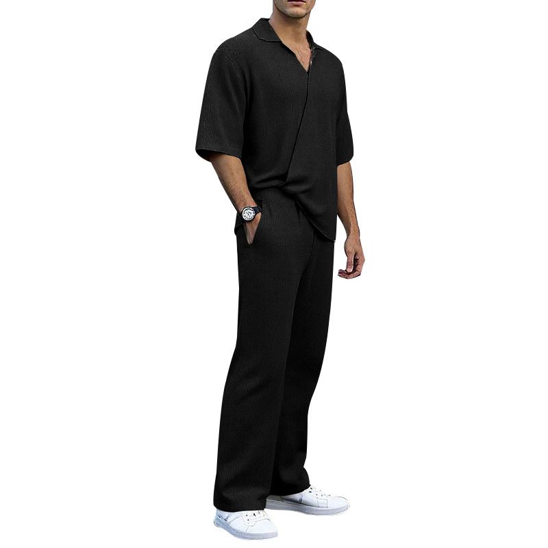 New Summer Sports Suit For Men Solid Color Lapel Short Sleeve Top And Pants Casual Two-Piece Set_viptrois.com