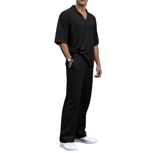 New Summer Sports Suit For Men Solid Color Lapel Short Sleeve Top And Pants Casual Two-Piece Set_viptrois.com