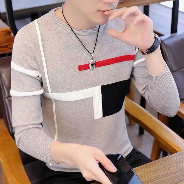 Pure 2024 Spring And Autumn New Color-Block Crew Neck Men's Sweater Korean Style Trendy Youth Casual Base Knitted Top_viptrois.com