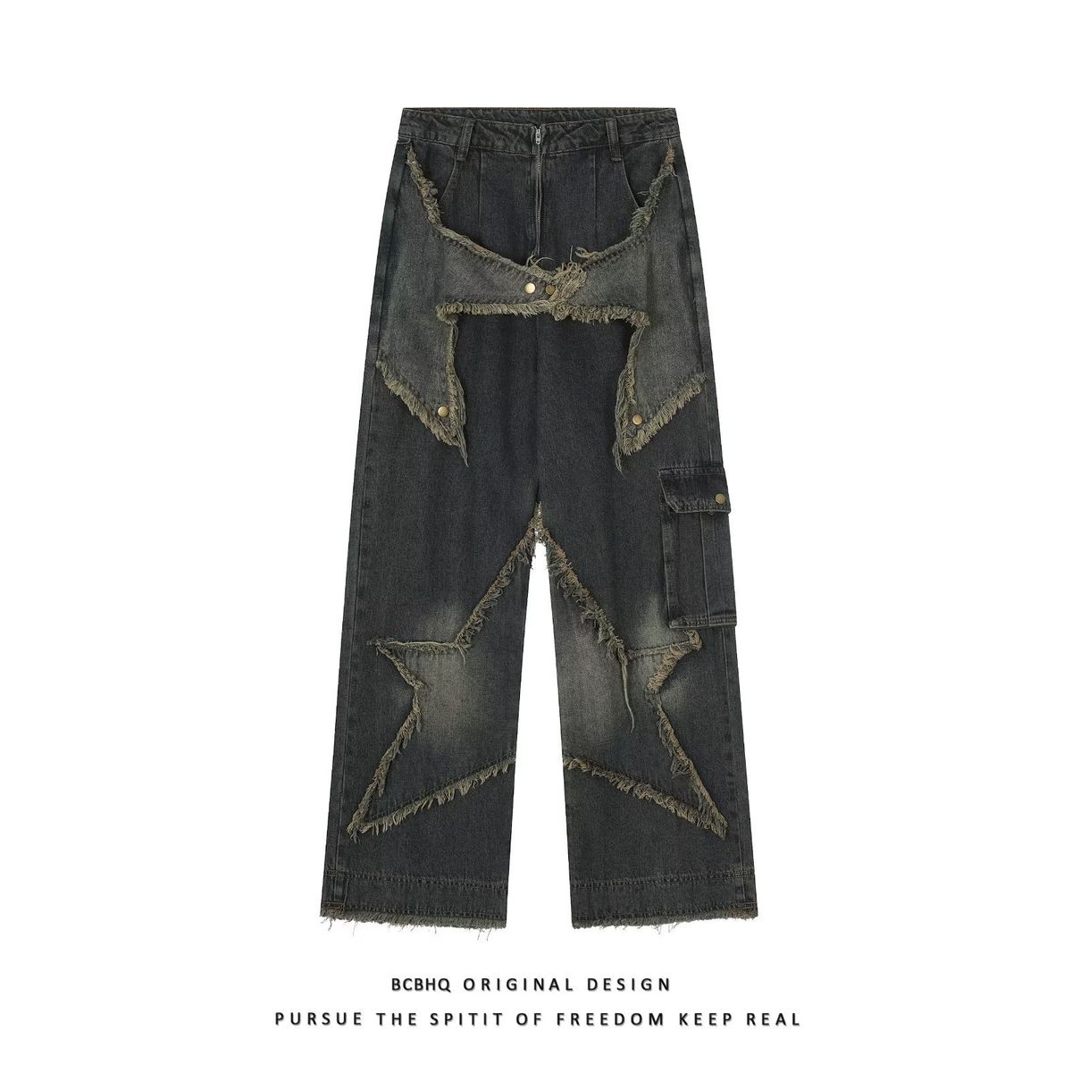 Man's clothing Pentagonal design jeans men vintage big pocket rough edge to do old washed high street tooling wide-leg pants_viptrois.com