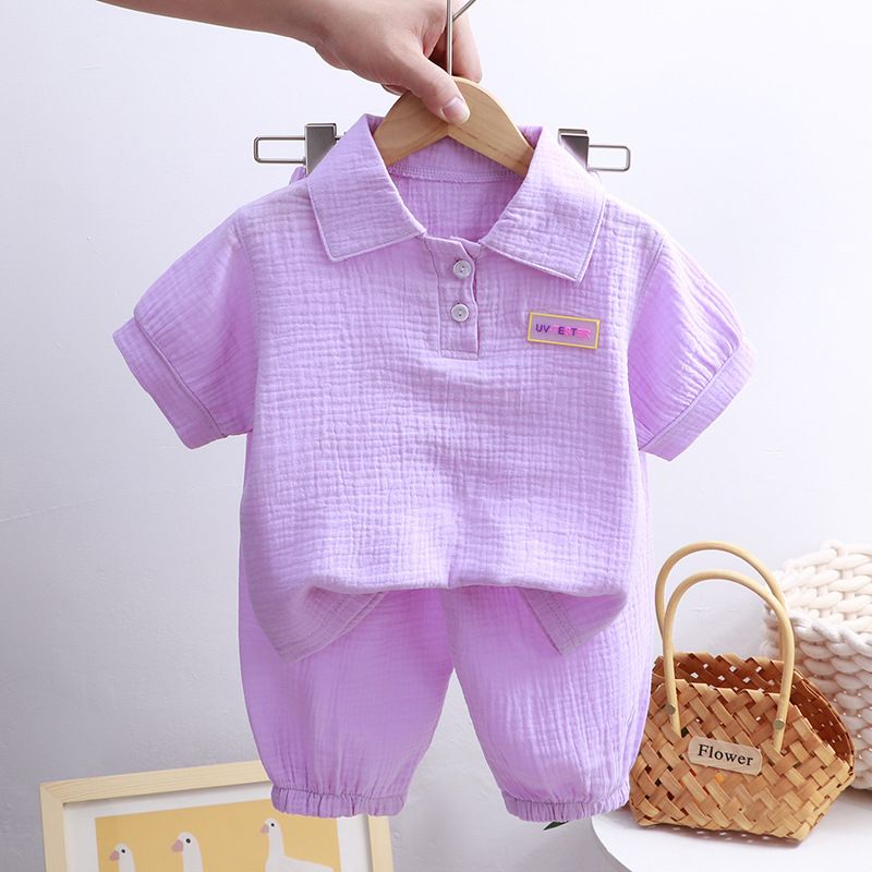 Kid's Clothing Children's stand up collar cotton gauze suit summer thin boys and girls pure cotton home clothes baby gauze air conditioning clothes_viptrois.com