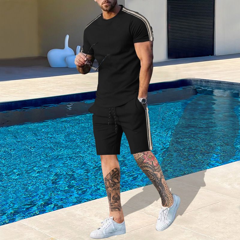 Spring And Autumn New Round Neck Shirt Short Sleeve Shorts Side Stripe Casual Fashion Men's 2 Piece Set_viptrois.com