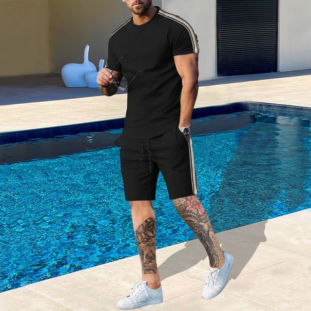Spring And Autumn New Round Neck Shirt Short Sleeve Shorts Side Stripe Casual Fashion Men's 2 Piece Set_viptrois.com