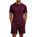 Men's Retro Short Sleeve Henley & Shorts Set, Breathable Jacquard Knit Two-Piece Outfit For Casual Summer Style_viptrois.com
