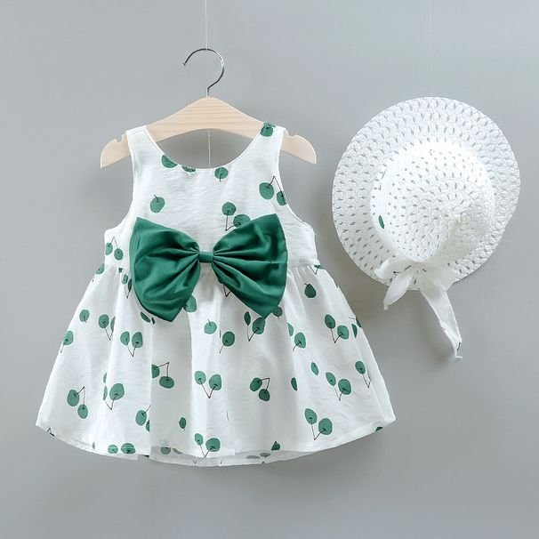 Kids’ Clothing New Summer Girls Cherry Print Bow Dress With Hat_viptrois.com