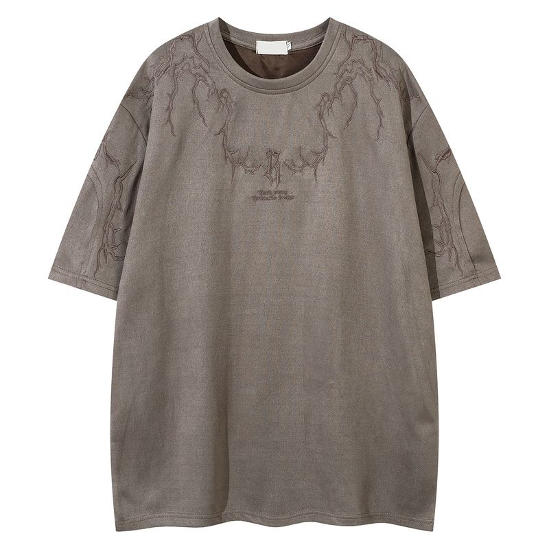 Men's Clothing Summer Street Suede Thorn Embroidery Short Sleeved T Shirt For Men And Women Retro Hiphop American High Street Half Sleeve Trend_viptrois.com