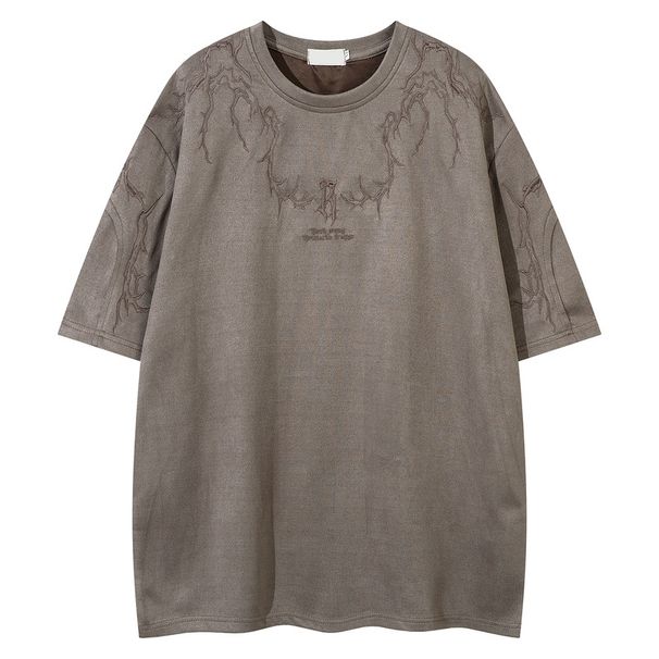 Men's Clothing Summer Street Suede Thorn Embroidery Short Sleeved T Shirt For Men And Women Retro Hiphop American High Street Half Sleeve Trend_viptrois.com