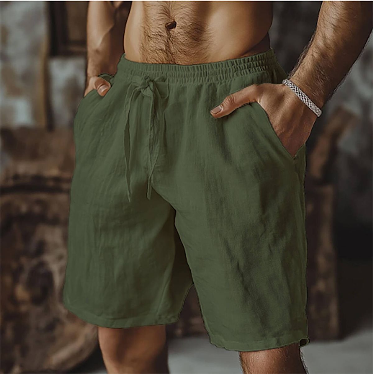 Men's Clothing New Cotton And Linen Shorts Drawstring Elastic Waist Straight Leg Solid Color Breathable Daily Beach Five Point Casual Shorts_viptrois.com