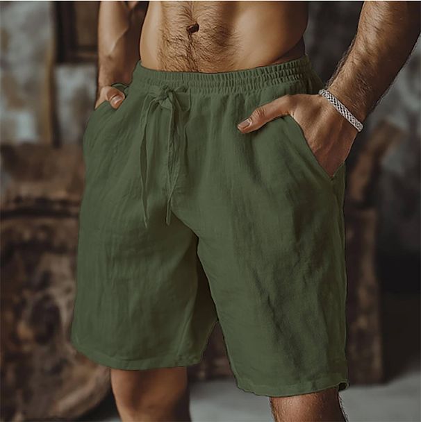 Men's Clothing New Cotton And Linen Shorts Drawstring Elastic Waist Straight Leg Solid Color Breathable Daily Beach Five Point Casual Shorts_viptrois.com