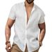 Men's Cotton-Linen Short Sleeve Shirt – Relaxed Fit V-Neck Casual Top (White/Black/Red, S-XXXL)_viptrois.com