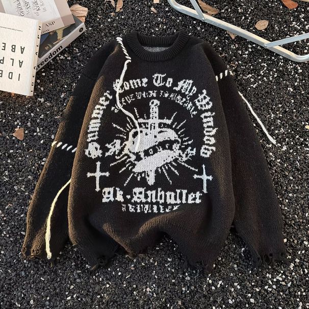 Men's Clothing Artistic And Fashionable Dark Aesthetic Sweater – Unisex Y2K Grunge Pullover With Jacquard Pattern, Oversized Fit (Grey/Black)_viptrois.com