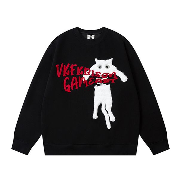 Fun Cartoon Cat Embroidered Crewneck Sweatshirt Men's Loose Casual Long Sleeve Pullover Top Vibe American Street Fashion_viptrois.com