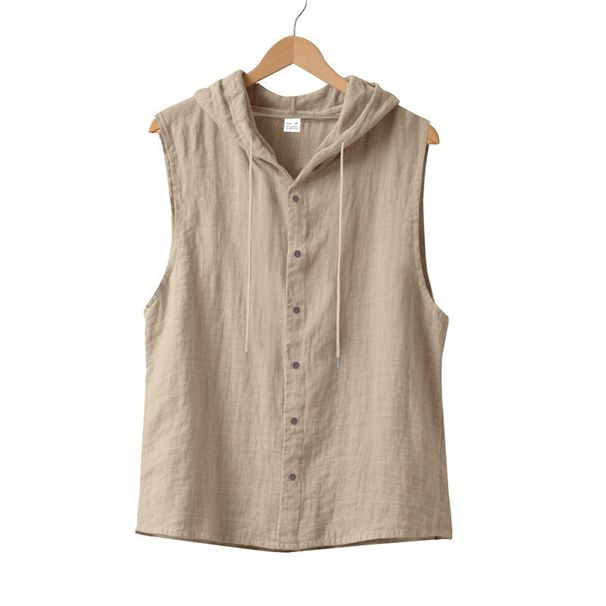 Men's Casual Sleeveless Vest Shirt American Style Solid Color Breathable Loose Top Summer Linen Hooded V Neck Long Sleeve_viptrois.com