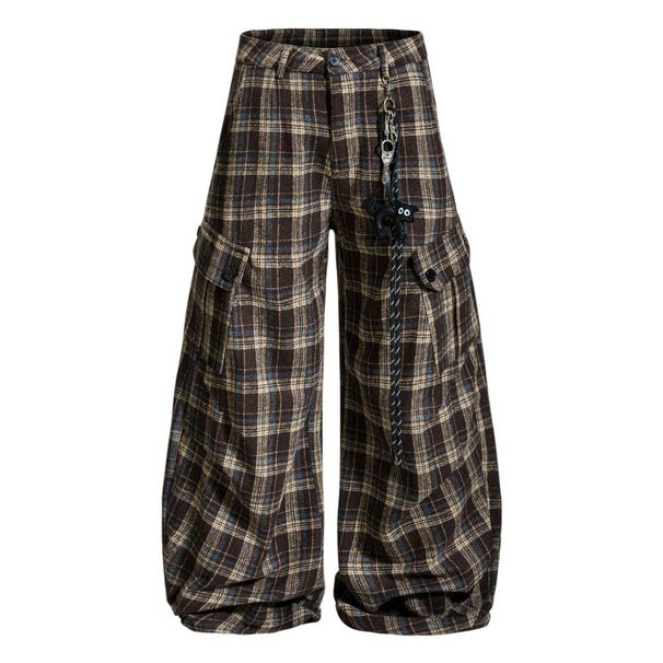 Looe Long Men' European And American Trendy Brand Vibe Sport Caual Pleated Paratrooper Plaid Multi-Pocket Cargo_viptrois.com