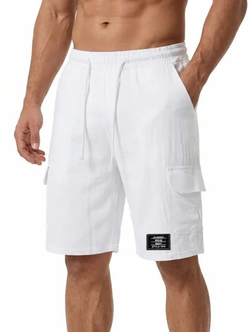 Men's Loose Fit Linen Cargo Shorts Summer 2026 Style Multi Pocket Solid Color mid Waist Drawstring Elegant Basic_viptrois.com