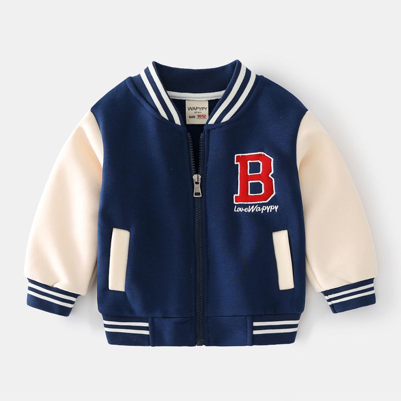 kids'clothing Autumn and winter children plus fleece hoodie baby alphabet embroidered baseball casual jacket_viptrois.com