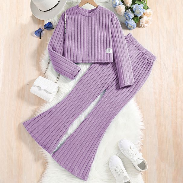 Girls Knitted Suits Children's Clothing Spring New Models Children's Striped Long Sleeved Tops Flared Pants Two Piece Suit_viptrois.com
