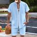 2025d New Summer Men's Shirt Casual Henley Collar Pocket Short Sleeve Shorts Beach Set_viptrois.com