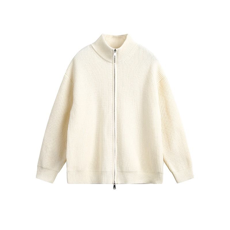 Korean-Style Stand Collar Cardigan – Dual-Zip Slim Fit Knit Sweater For Men (Anti-Pill Polyester Blend, Jacquard Detailing, M-3XL)_viptrois.com
