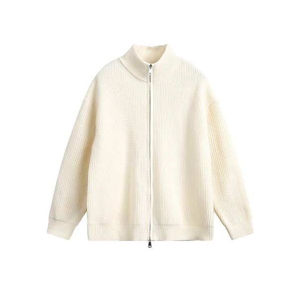 Korean-Style Stand Collar Cardigan – Dual-Zip Slim Fit Knit Sweater For Men (Anti-Pill Polyester Blend, Jacquard Detailing, M-3XL)_viptrois.com