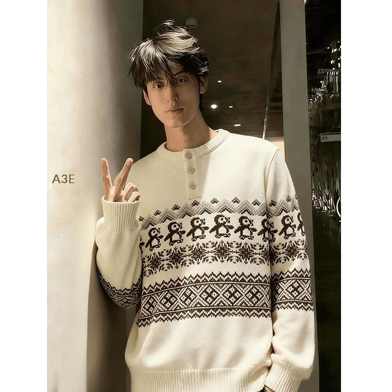 Pure Christmas Penguin Fair Isle Henry Collar Sweater Men's Autumn And Winter American Retro Jacquard Pullover Knitted Top_viptrois.com