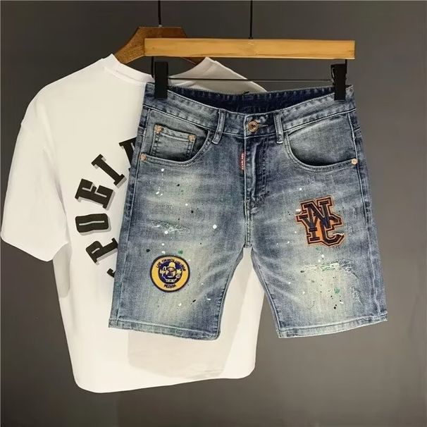 Men's Clothing Men's Distressed Denim Shorts With Embroidery & Splatter Design - Stretchable Casual Streetwear Mid-Length Cargo Shorts (Light Blue)_viptrois.com