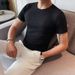 Men's Clothing Round Neck Summer New Slim Korean Style Trend Muscle Stripes Solid Color Casual Knitted Bottoming Shirt_viptrois.com