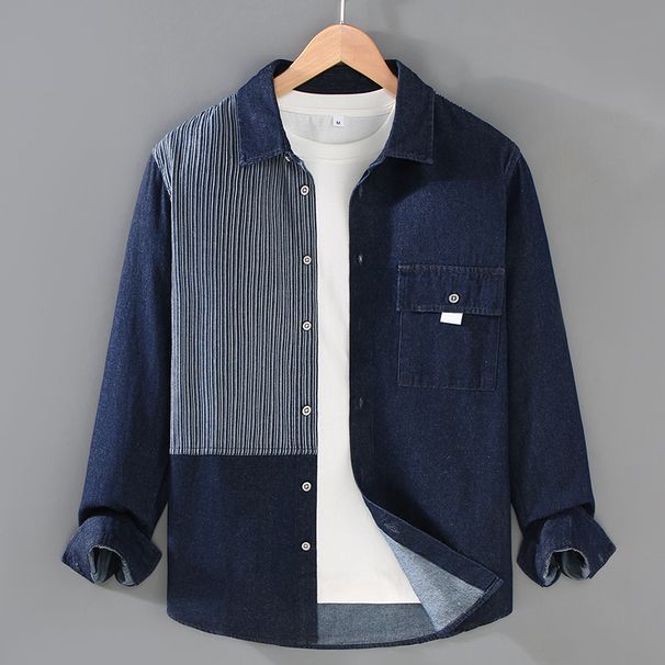 Denim Contrasting Striped Shirt For Men, Casual Loose Fitting Patchwork Fashionable Long Sleeved Shirt_viptrois.com