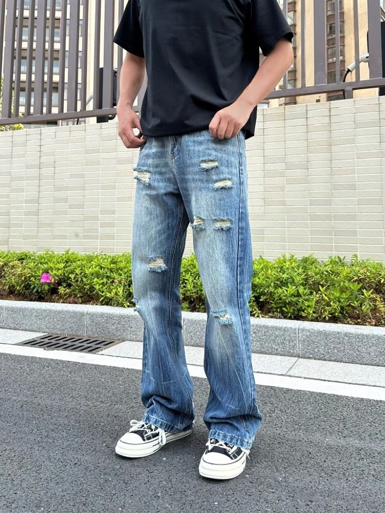 Retro Washed Cut Hole Jeans Men's Loose Straight High Street Vibe Style Wide Leg Youth Mopping Pants_viptrois.com