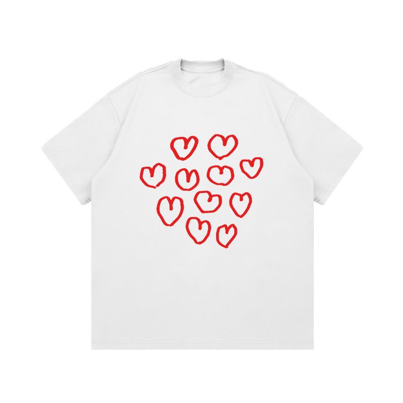 Small Neckline Heart Shape Graffiti Printing Design T-shirt Pure Cotton Loose Couple Short-sleeved Top_viptrois.com