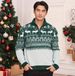 Men's Christmas & Halloween Knit Sweater, Festive Polo Long-Sleeve Top With Reindeer, Pumpkin & Snowflake Jacquard, Breathable Acrylic Pullover_viptrois.com