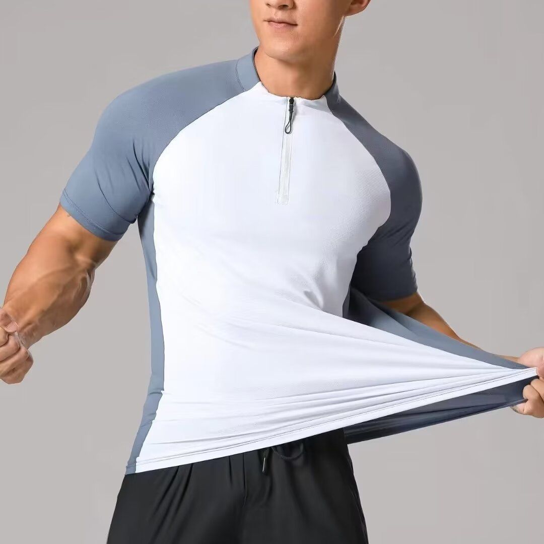 Men's Clothing Running Sports Short Sleeved T Shirt Men's Stand Up Collar Half Zip Solid Color Fitness Clothes Training Stretch Quick Drying Clothes_viptrois.com