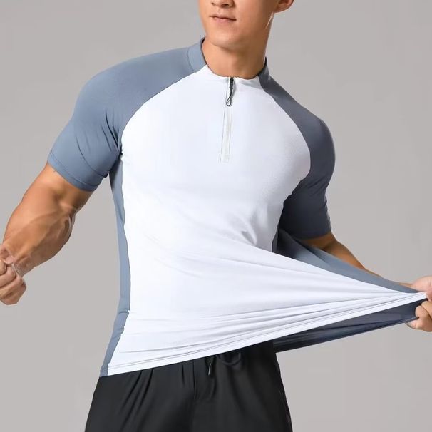 Men's Clothing Running Sports Short Sleeved T Shirt Men's Stand Up Collar Half Zip Solid Color Fitness Clothes Training Stretch Quick Drying Clothes_viptrois.com