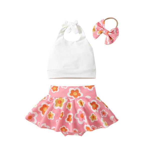 Baby Clothing Girls' solid color halter top + floral trouser skirt suit_viptrois.com