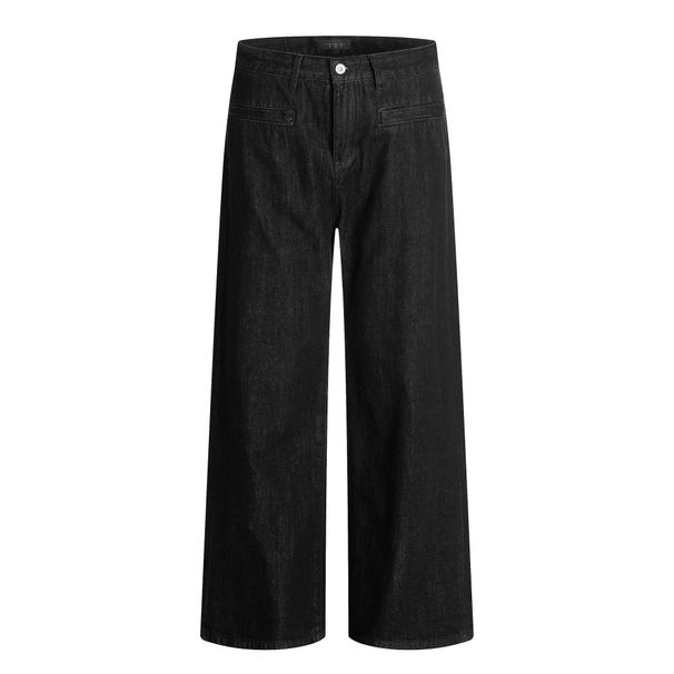 Simple Solid Color Raw Denim Long Men's Versatile Casual Trendy High Street Pocket Design Loose Wide-Leg Straight Pants_viptrois.com