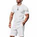 Cross-border American Summer Men's Loose Ins Simple Waffle Crew Neck Short Sleeve Shorts Two-piece Set_viptrois.com