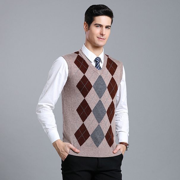 Men's Wool Knit Vest Winter Warm Sleeveless Diamond Pattern V-Neck Pullover Waistcoat For Casual Wear_viptrois.com