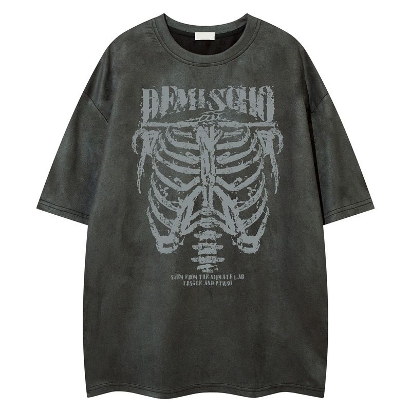 Men's Clothing Vintage Design American Style Trendy Skull Skeleton Print Original Loose Foreign Trade T Shirt Men's Clothing 2025 New Products_viptrois.com