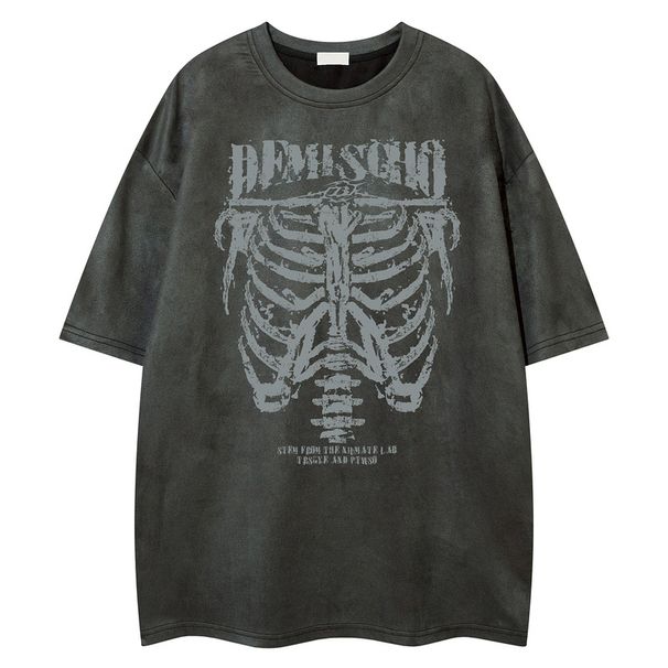 Men's Clothing Vintage Design American Style Trendy Skull Skeleton Print Original Loose Foreign Trade T Shirt Men's Clothing 2025 New Products_viptrois.com