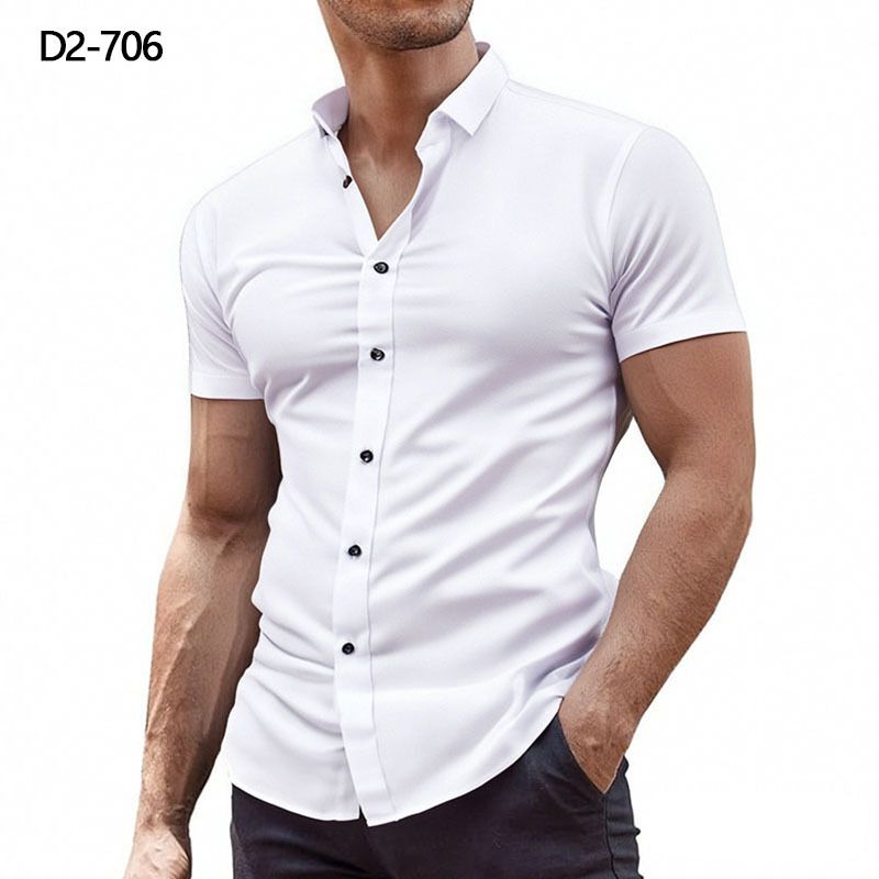 Men's Clothing Popular Four Way Stretch Short Sleeved Shirt Large Size Muscle Man Anti Wrinkle Solid Color Short Sleeved Shirt_viptrois.com