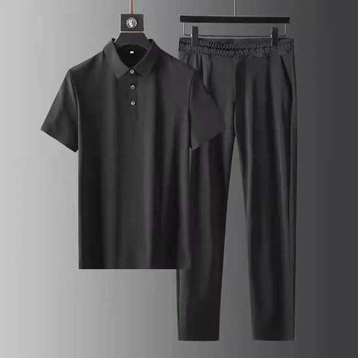 Men's Clothing Polo Collar Suit Elastic Ultra Thin Quick Drying Ice Silk Short Sleeved Two Piece Suit High End Men's Lapel Suit_viptrois.com