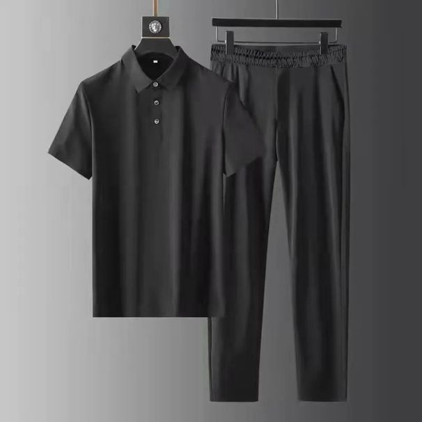 Men's Clothing Polo Collar Suit Elastic Ultra Thin Quick Drying Ice Silk Short Sleeved Two Piece Suit High End Men's Lapel Suit_viptrois.com