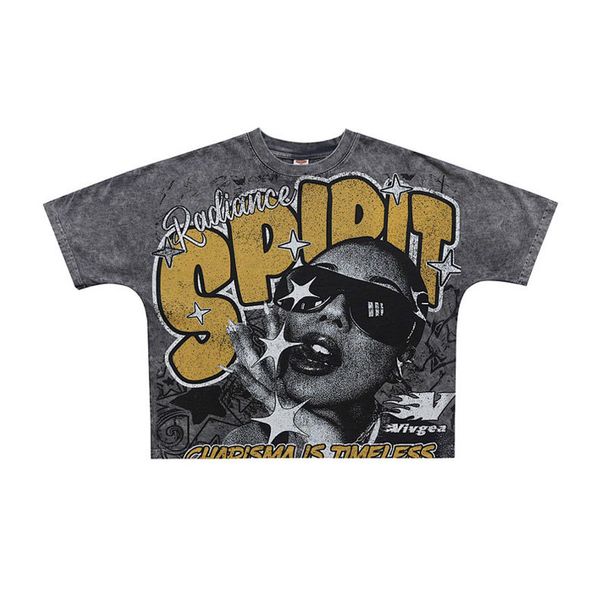 American-style Landscape All-over Print Washed Vintage Loose One-piece Cut Short-sleeve T-shirt_viptrois.com