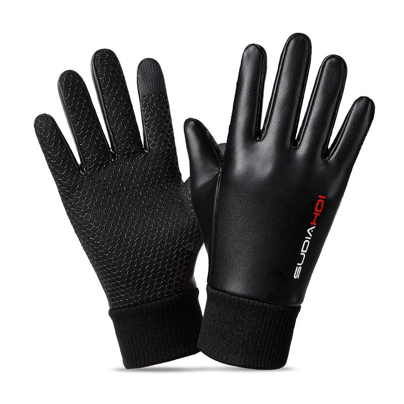 Winter leather warm gloves plus velvet men's non slip open finger windproof water proof touch screen photography cold proof flip gloves_viptrois.com