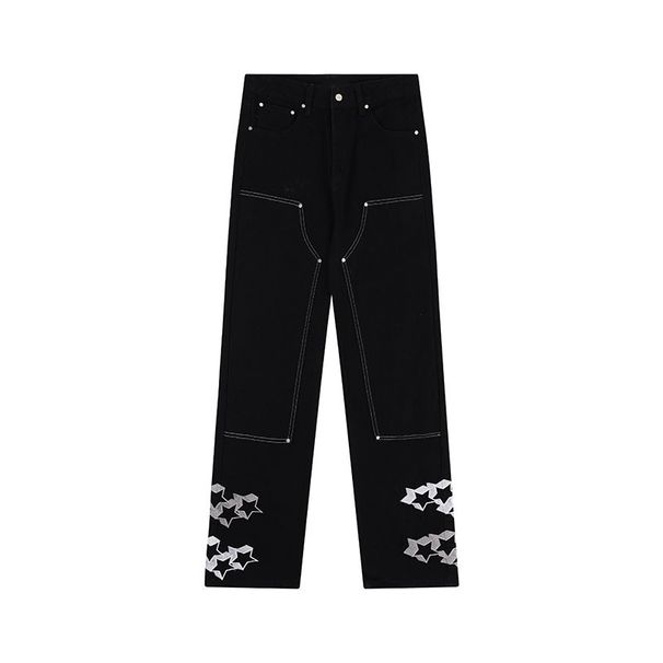 Men's Clothing casual vibe star embroidered jeans men's high street loose straight logging trousers hip hop slim pants_viptrois.com