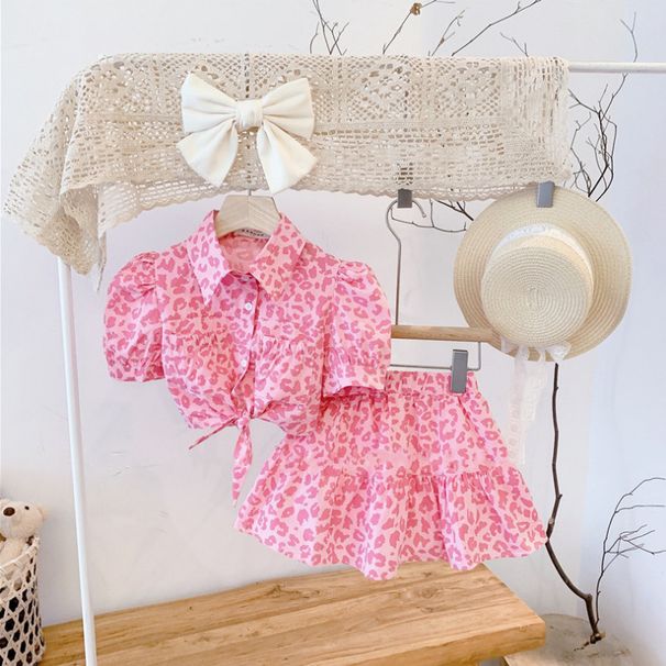 Kid's Clothing 2025 Spring And Summer New Girls Pink Leopard Print High Waist Top And Skirt Set_viptrois.com