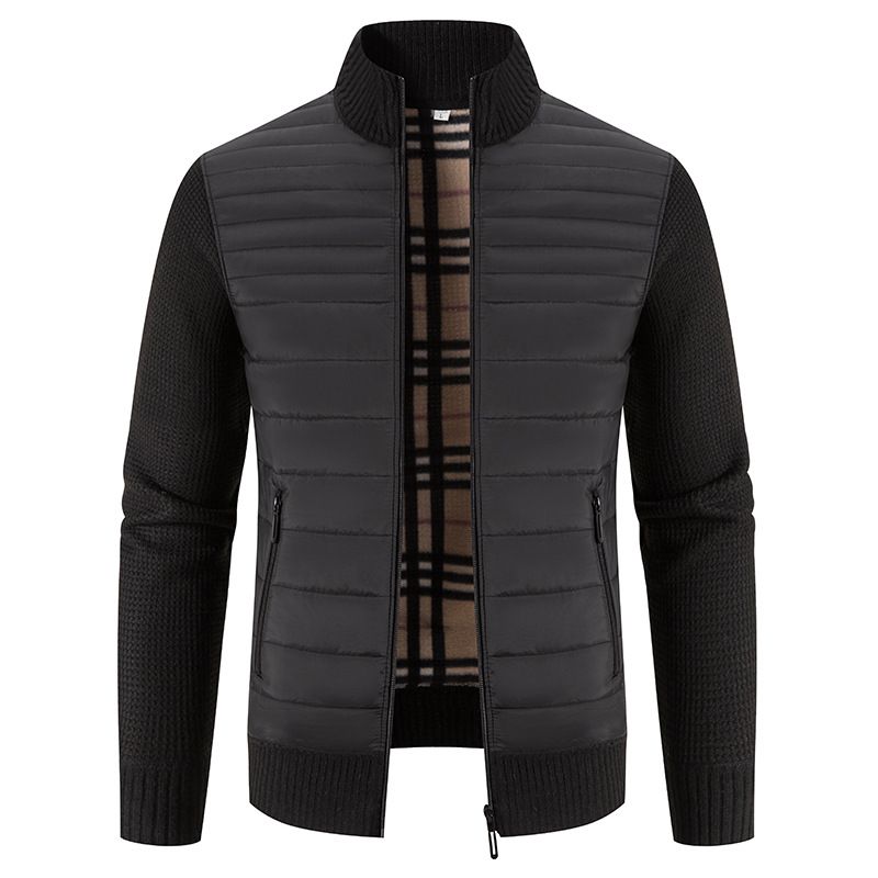 Men's Clothing Men's Stand Collar Fleece-Lined Sweater Cardigan, Thick Knit Pullover With Color Block Design, Warm Winter Oversized Coatigan_viptrois.com