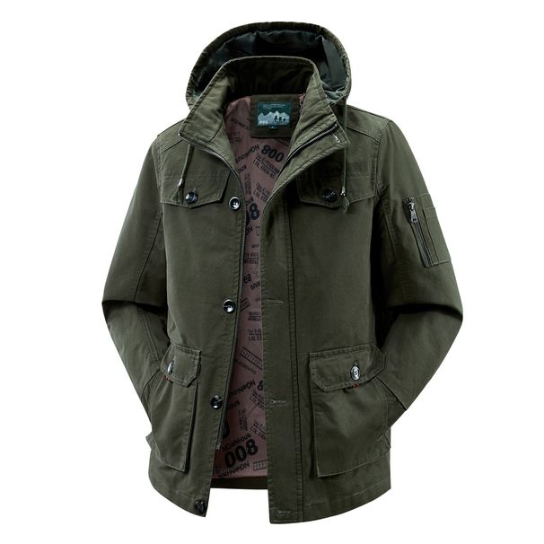 Men’s Lightweight Workwear Jacket – Detachable Hood, Multi-Pocket Utility Coat With Breathable Cotton & Polyester Lining (Khaki/Army )_viptrois.com