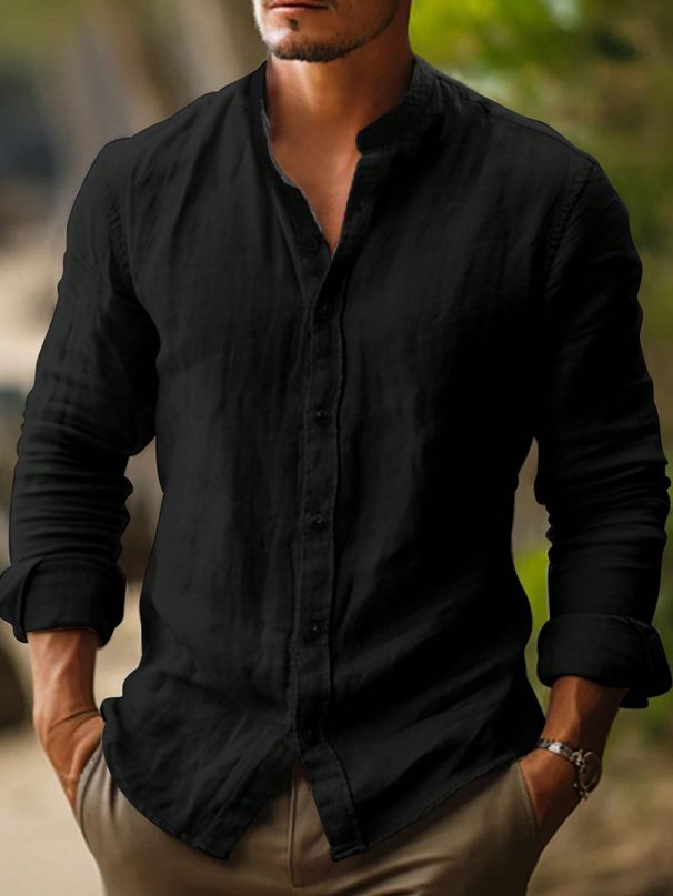 Men's Button Down Shirt Long Sleeved Solid Color Stand Collar Available_viptrois.com