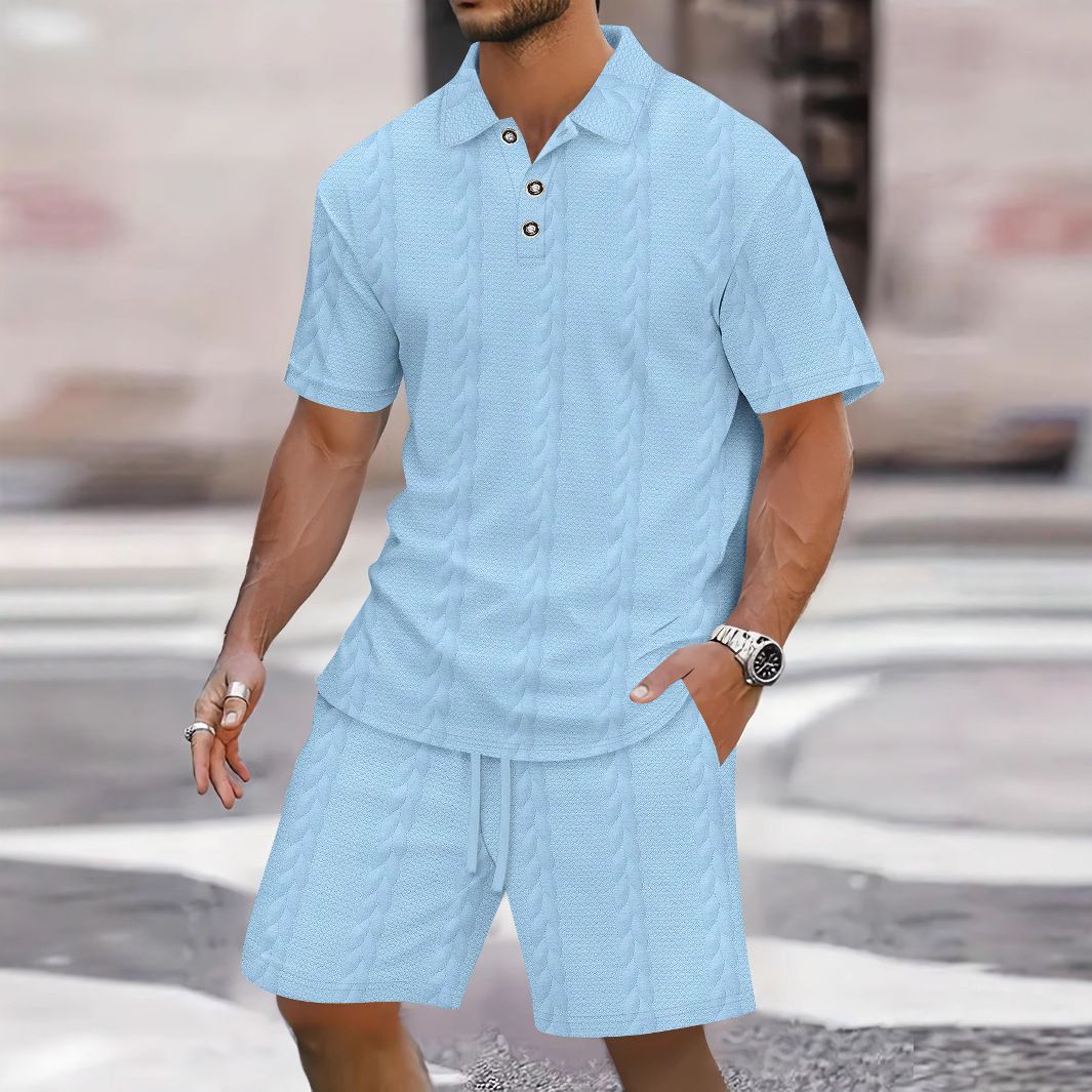 Men's Clothing Solid Jacquard Short Sleeve Shirt & Shorts Set - Breathable Casual Outfit For Business & Leisure (Blue/Khaki/Grey/Black/White, S-XXXL)_viptrois.com